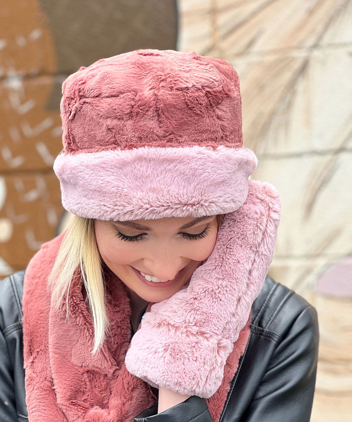 Cuffed Pillbox on Model | Frosted Cedar Faux Fur reversed to Copper River | Handmade USA by Pandemonium Seattle