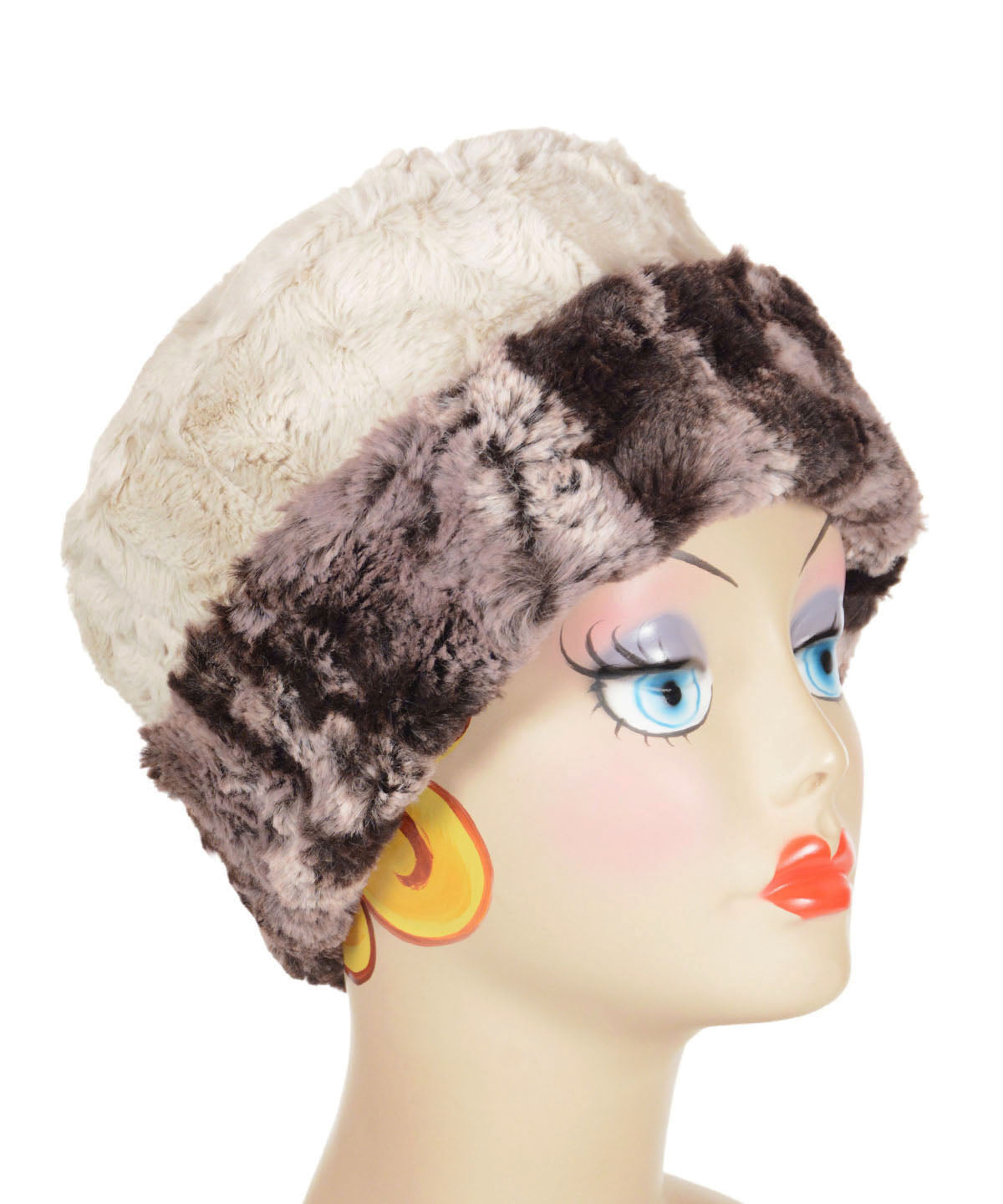 Cuffed Pillbox in Mocha Luxury Faux Fur, shown in two-tone option with Cuddly Sand cuffed. Handmade in Seattle, WA, USA by Pandemonium Seattle.