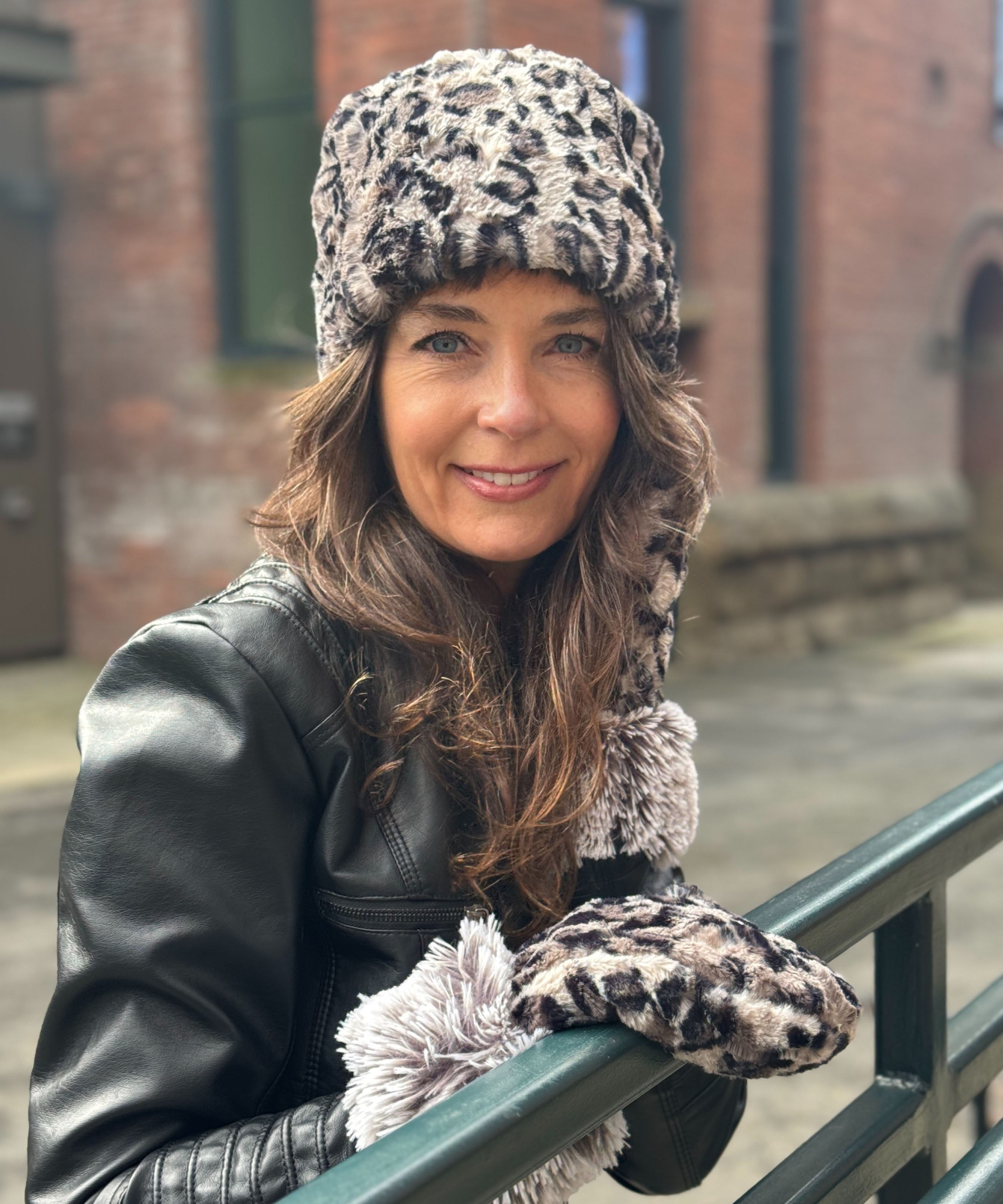 Model wearing Cuffed Pillbox and Mittens on model | Mittens in Savannah Cat with Pearl Fox Cuffs Faux Fur | Handmade USA Pandemonium Seattle