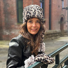 woman wearing pillbox hat and mittens in matching gray animal print faux fur handmade in USA by Pandemonium Seattle