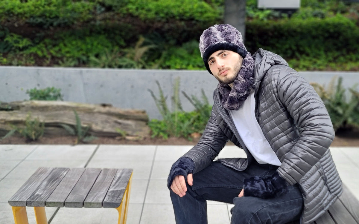 Men's Cuffed Pillbox with Gloves and Scarf  | Muddy Waters Faux Fur | Pandemonium Millinery Handmade USA