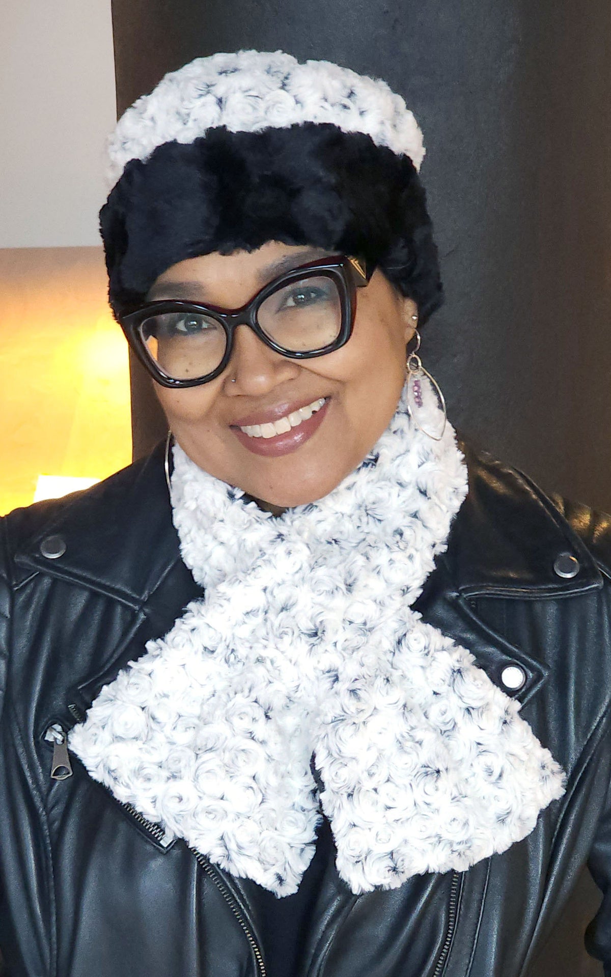 Model wearing Hat and Scarf | Cuffed Pillbox and Pull Thru Scarf in Rosebud Black and Cuddly Black Faux Fur | Handmade USA Pandemonium Seattle