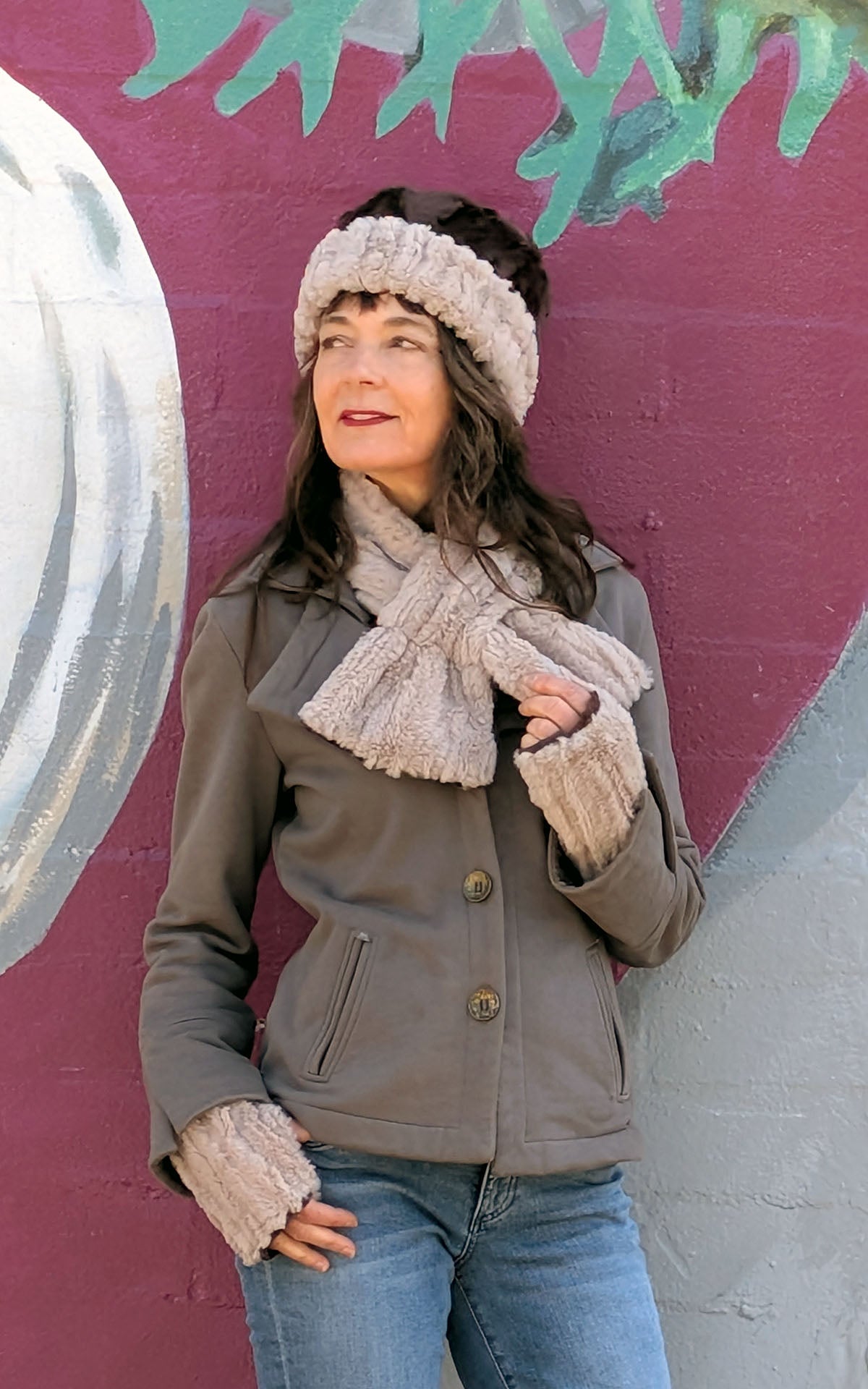 Woman Wearing a Pull thru Scarf | Cirrus in Honey Faux Fur with Cuddly Chocolate  | Featuring Matching Cuffed Pillbox and Fingerless Gloves | Handmade in Seattle WA  USA | By Pandemonium Seattle 