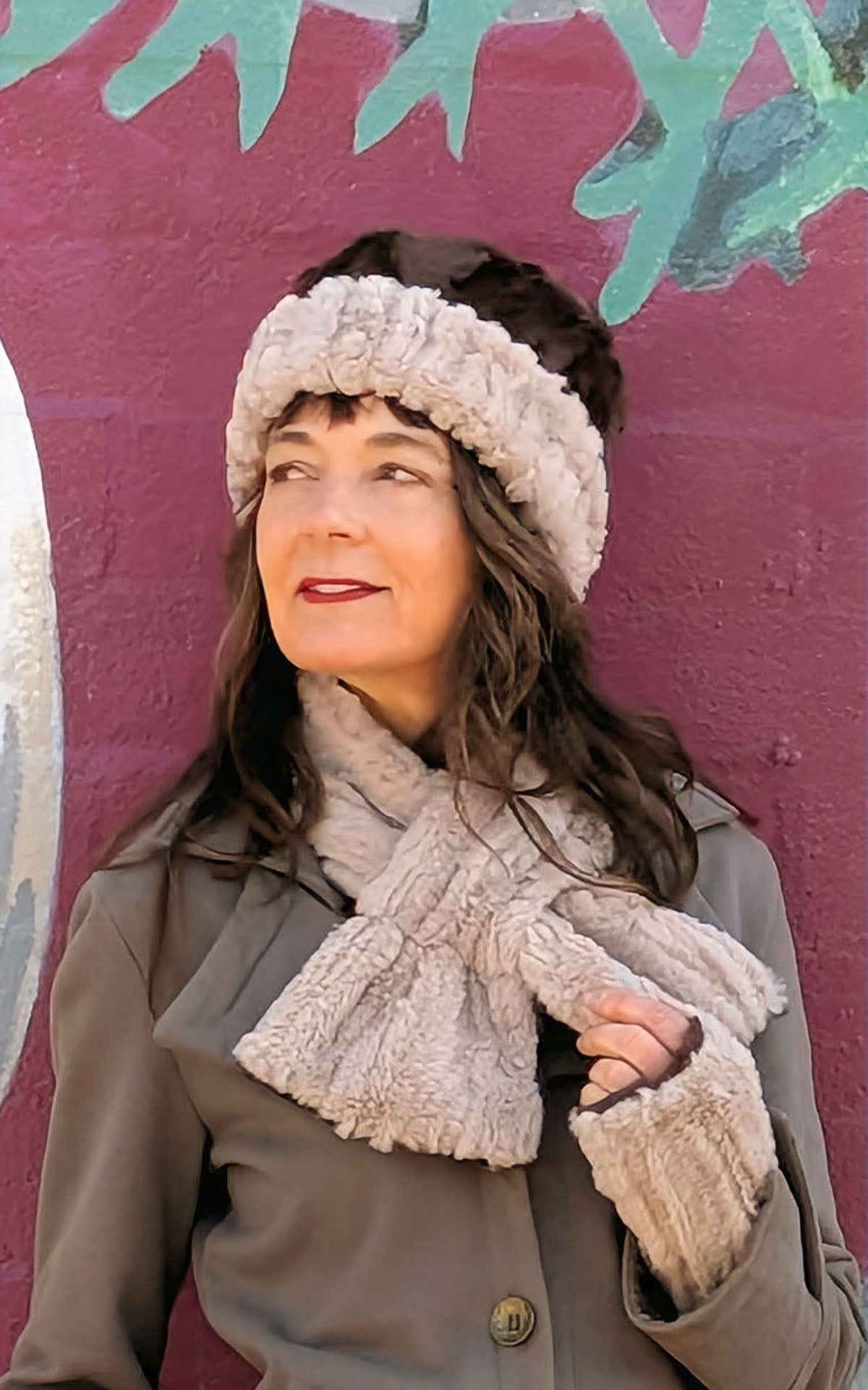 Model Wearing a Pull thru Scarf | Cirrus in Honey Faux Fur with Cuddly Chocolate  | Featuring Matching Cuffed Pillbox and Fingerless Gloves | Handmade in Seattle WA  USA | By Pandemonium Seattle 