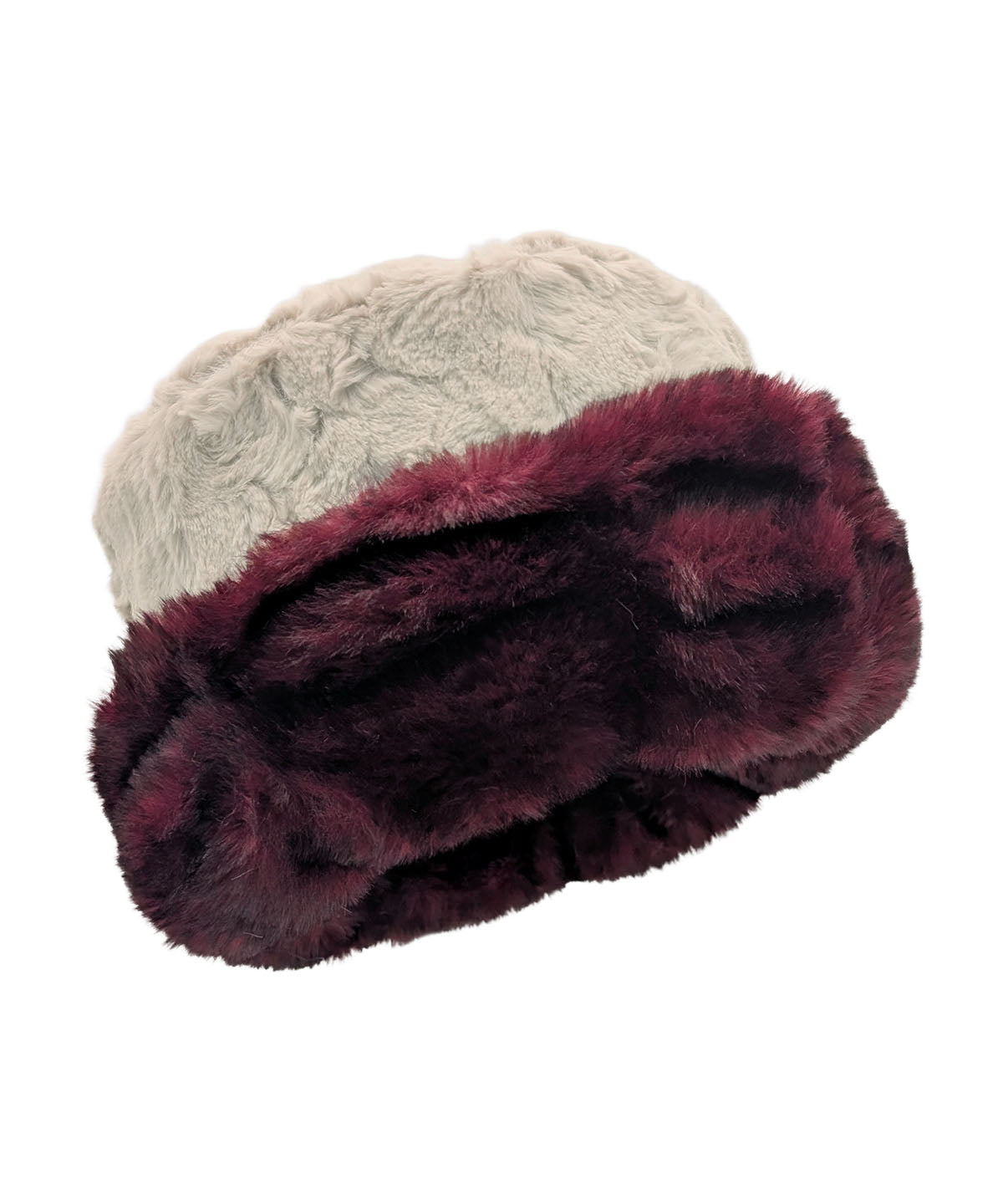 Shown i n Reverse Royal Opulence Cuffed Pillbox in Cherry Bomb with Cuddly Sand. Handmade by Pandemonium Seattle, USA
