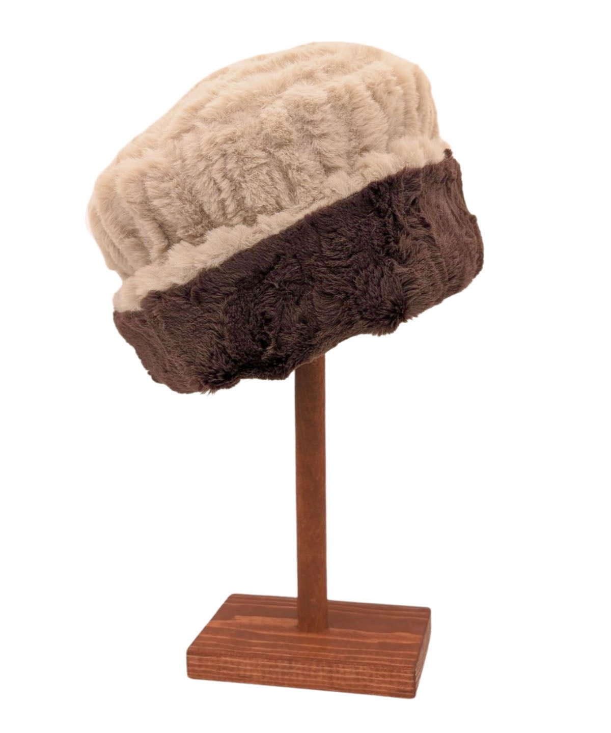 Women&#39;s Cuffed Pillbox Reversible | Cirrus in Honey Faux Fur with Cuddly Chocolate | Shown Cuffed | Handmade in Seattle WA USA | By Pandemonium Millinery 