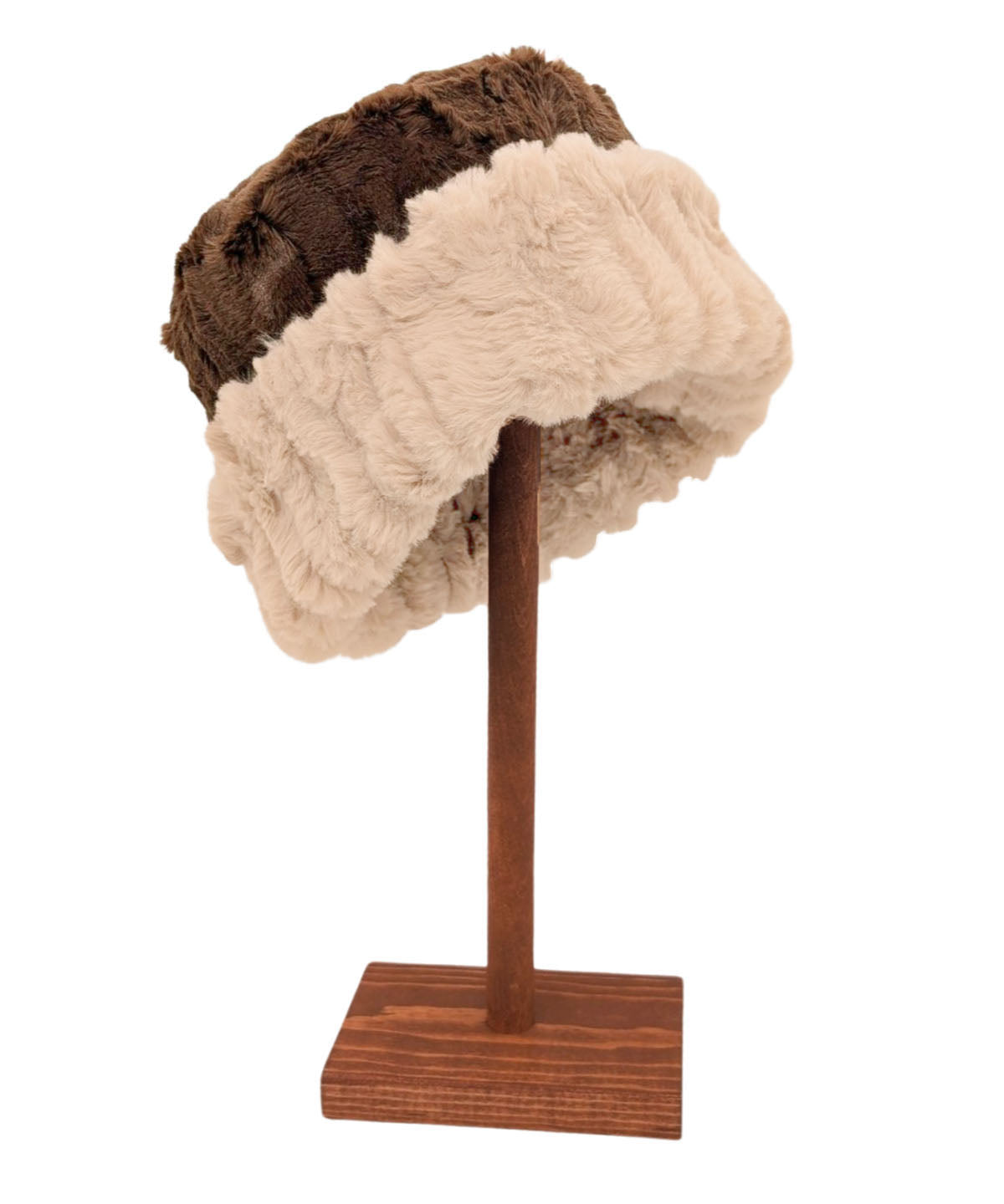 Two Tone Women&#39;s Cuffed Pillbox | Cirrus in Honey Faux Fur with Cuddly Chocolate | Shown Cuffed on Reverse Side | Handmade in Seattle WA USA | By Pandemonium Millinery 