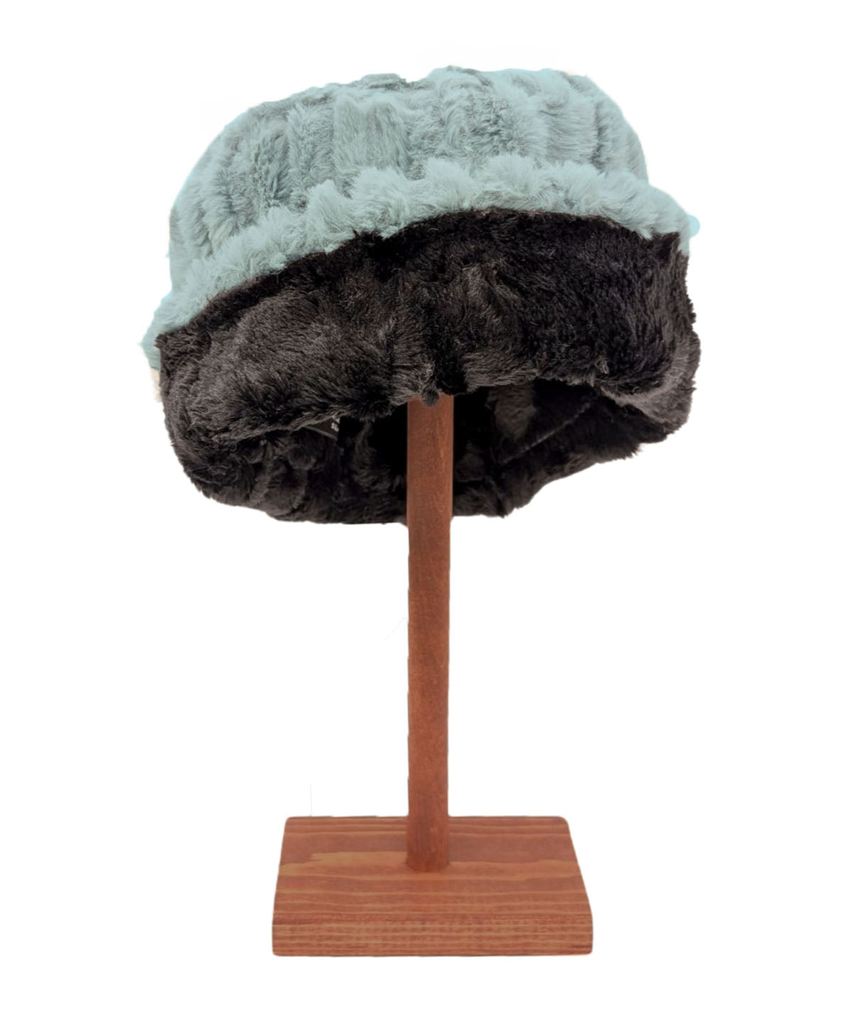 Two Tone Women&#39;s Cuffed Pillbox | Cirrus in Blue Mist Faux Fur with Cuddly Black | Shown Cuffed | Handmade in Seattle WA USA | By Pandemonium Millinery 