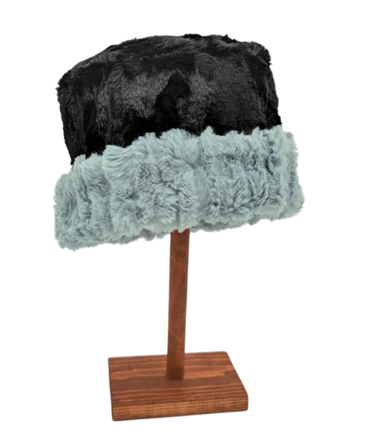 Men's Cuffed Pillbox Two-Tone| Cirrus in Blue Mist Faux Fur with Cuddly Black | Shown Cuffed on the Cuddly Black Side | Handmade in Seattle WA USA | By Pandemonium Millinery 