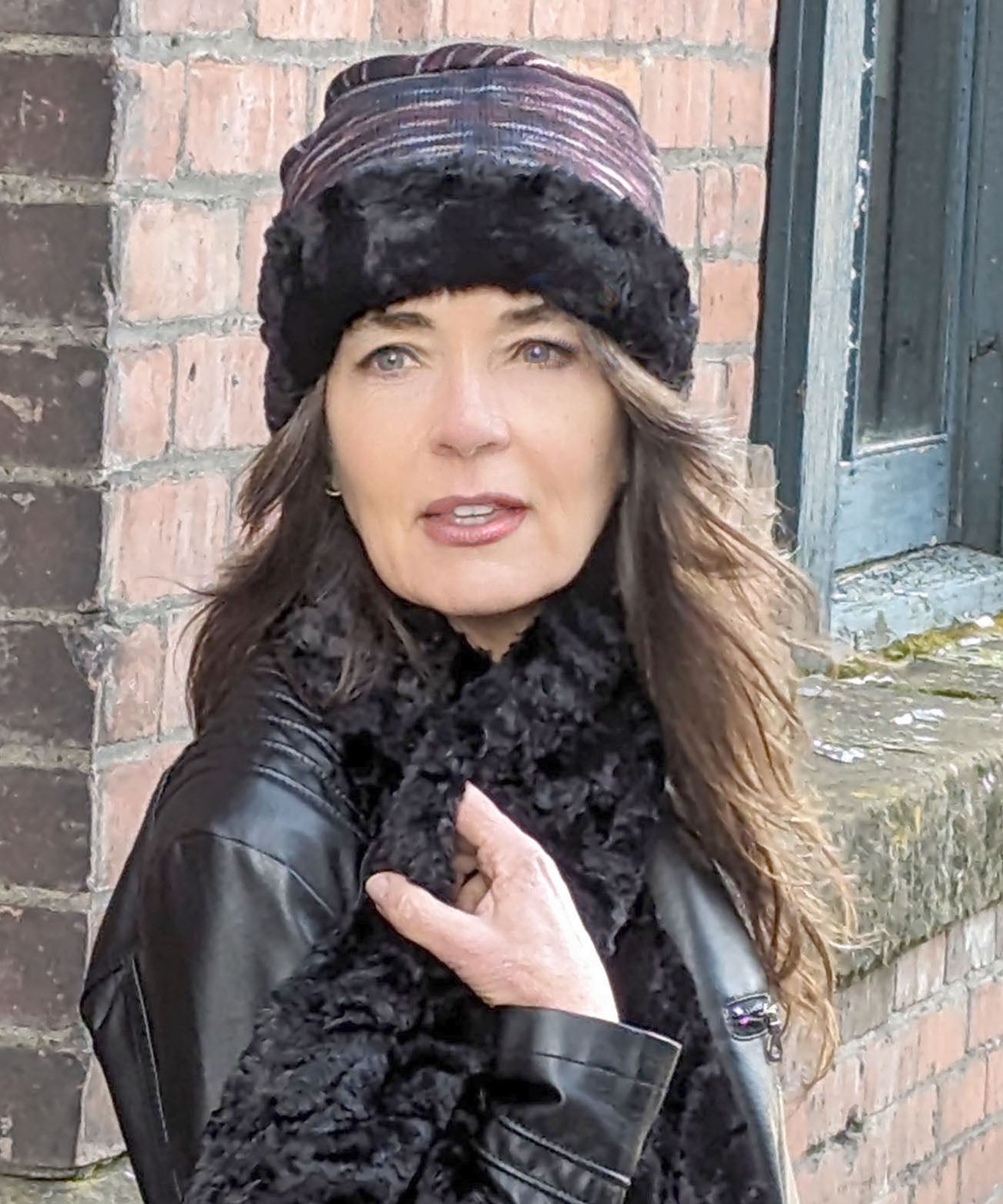 C=Model in Hat| Cuffed Pillbox in Sweat Stipes Cherry Cordial Fox in Black Faux Fur | Handmade USA Pandemonium Seattle