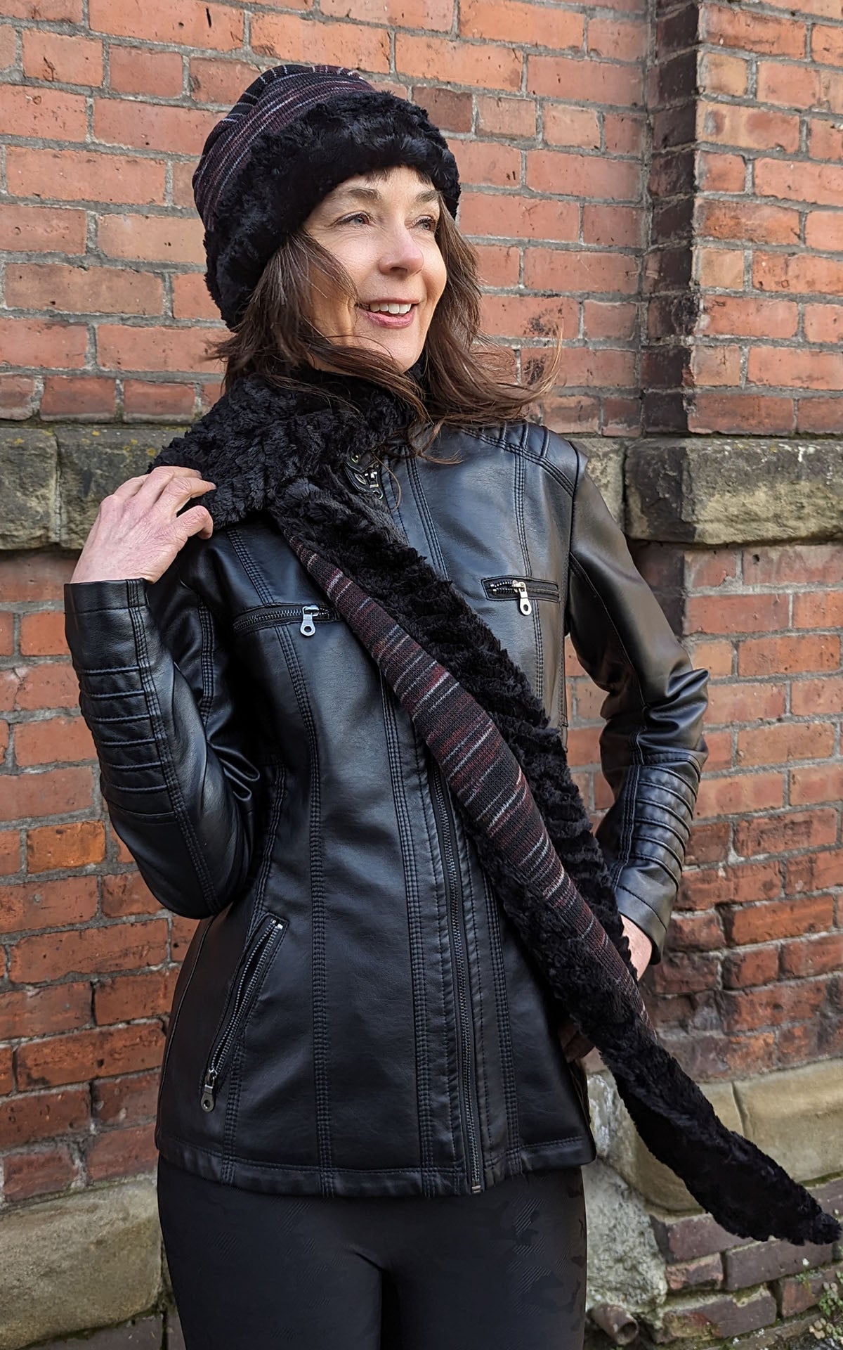 Model in Hat and Scarf | Cuffed Pillbox and Scarf Sweet Stripes Cherry Cordial with Cuddly Black Faux Fur | Handmade USA Pandemonium Seattle