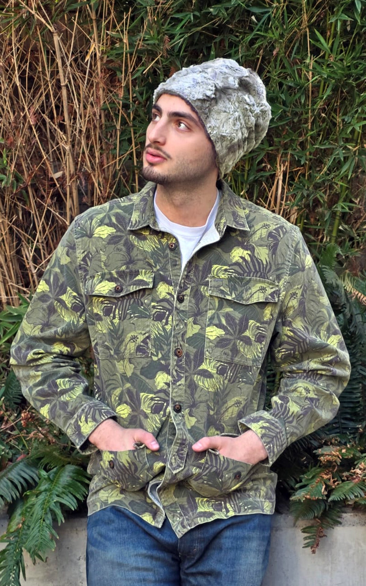 Model wearing Men's Cuffed Pillbox | White Water Faux Fur with Gray, uncuffed | Handmade in the USA by Pandemonium Seattle