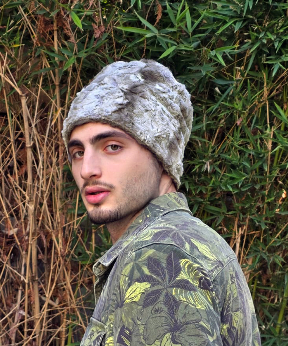 Side view of Model wearing Men's Cuffed Pillbox | White Water Faux Fur with Gray | Handmade in the USA by Pandemonium Seattle
