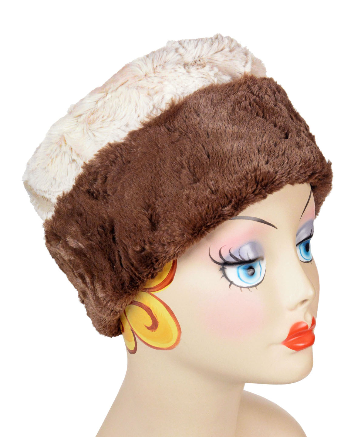 Reversible, Cuffed Pillbox in Cuddly Chocolate with Cuddly Sand Faux Fur by Pandemonium Millinery. Shown in Reversed. Handmade in Seattle, WA USA.