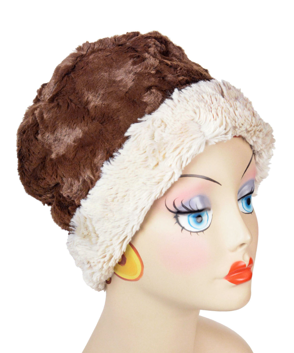 Reversible, Cuffed Pillbox in Cuddly Chocolate with Cuddly Sand Faux Fur by Pandemonium Millinery. Handmade in Seattle, WA USA.