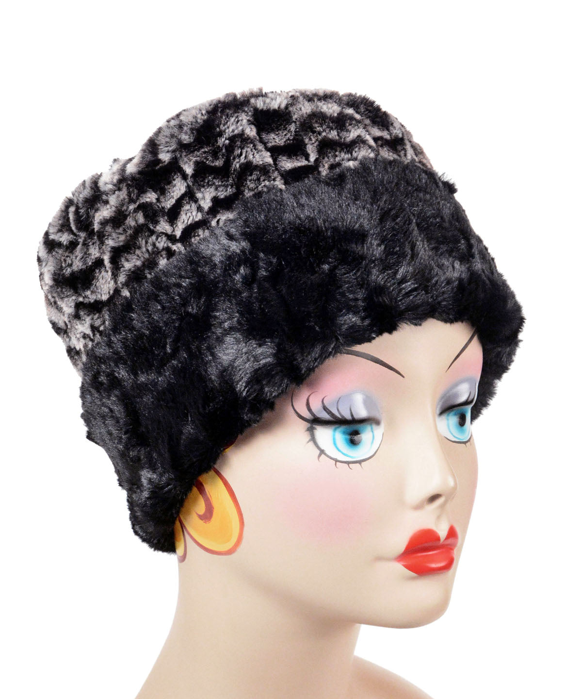 Reversible Cuffed Pillbox Two Tone Hat Luxury Faux Fur in 8mm in Black and White Lined with Cuddly Fur in Black by Pandemonium Millinery. Handmade in Seattle WA USA