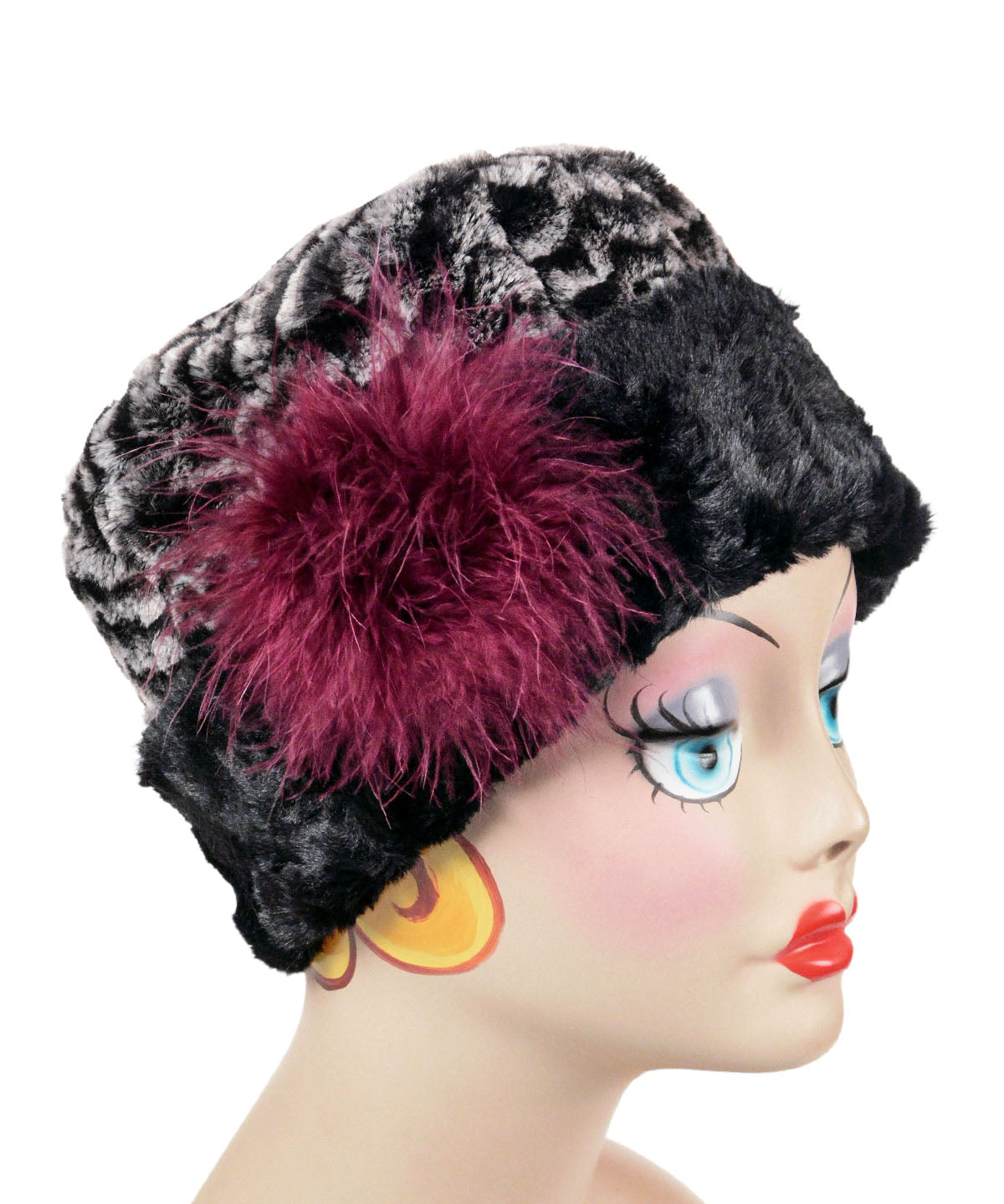 Cuffed Pillbox Hat Luxury Faux Fur in 8mm in Black and White with Marabou Trim in reversed by Pandemonium Millinery. Handmade in Seattle, WA  USA.