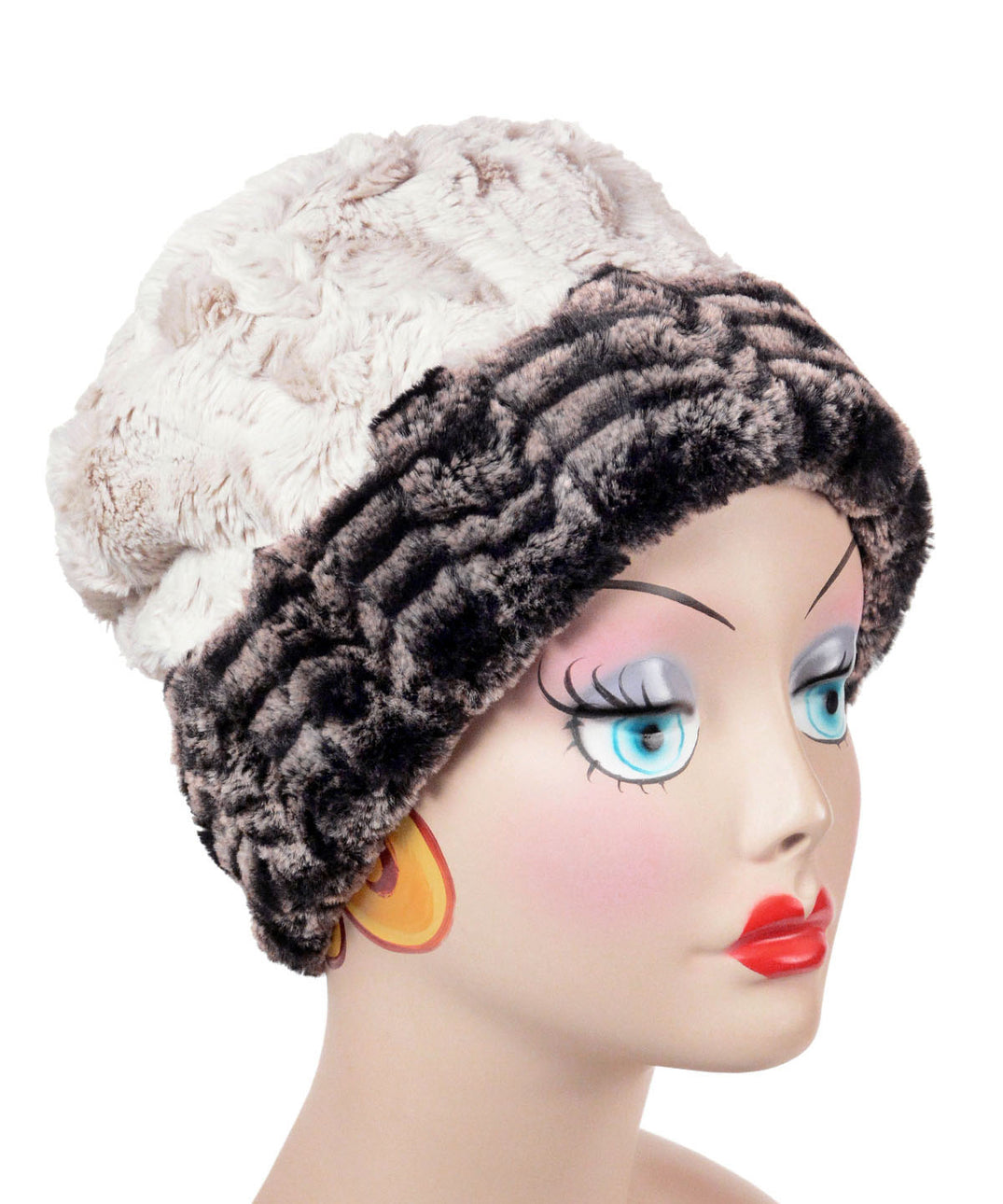 Cuffed Pillbox, Reversible Two Tone Hat Luxury Faux Fur in 8mm in Sepia Lined with Cuddly Fur in Sand, Shown with lining side up by Pandemonium Millinery.