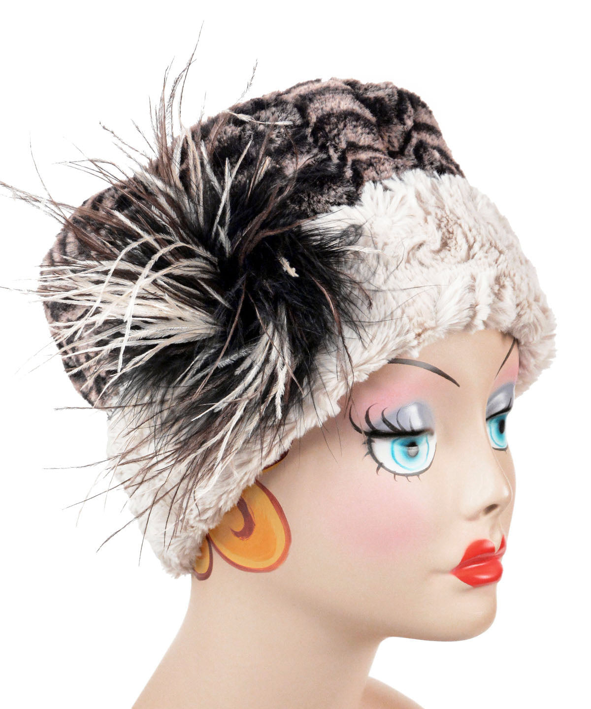 Cuffed Pillbox, Reversible two tone Hat Luxury Faux Fur in 8mm in Sepia Lined with Cuddly Fur in Sand with Cream Ostrich Feather Brooch by Pandemonium Milliner