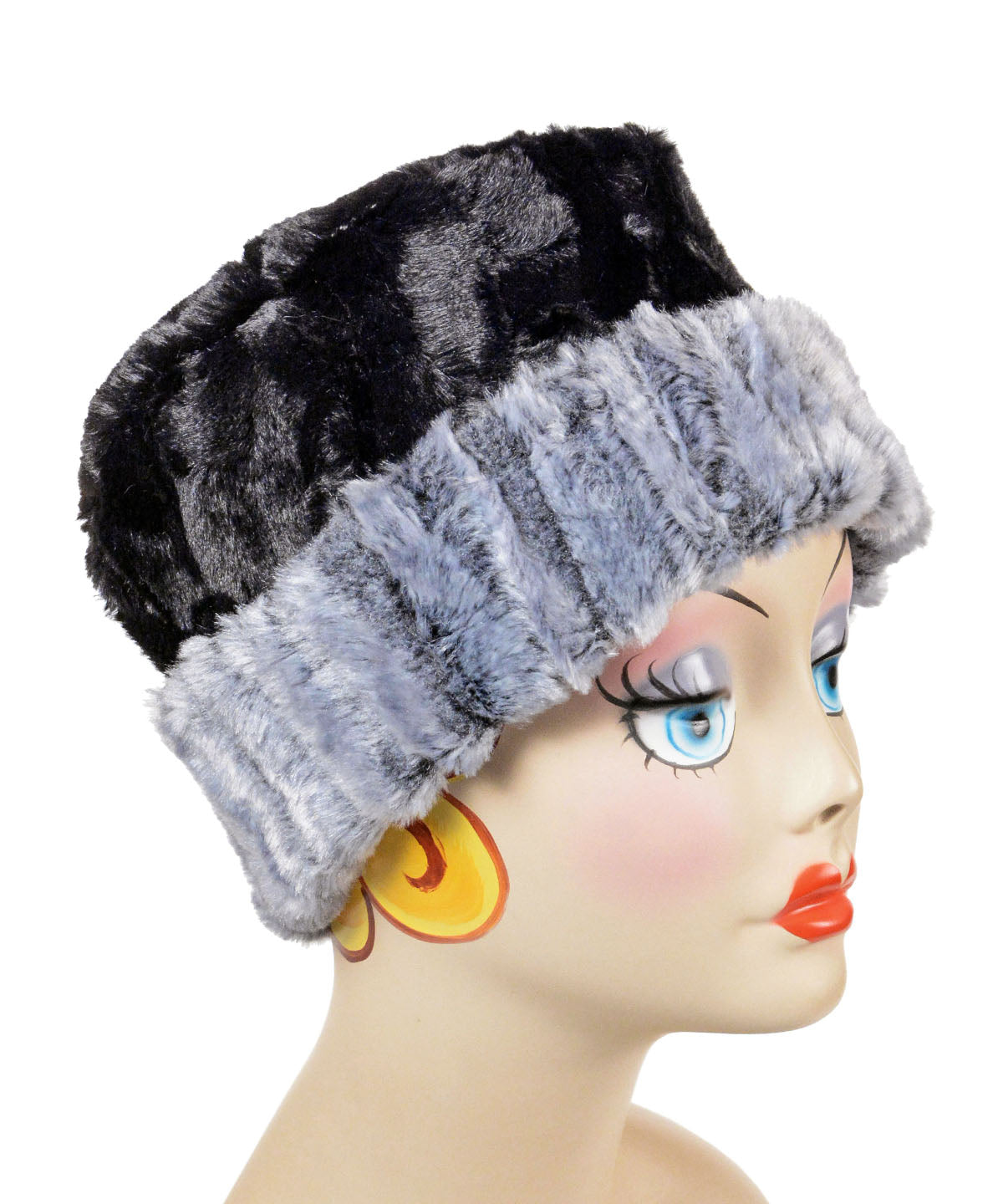 Shown in Reversed. Cuffed Pillbox Hat, Reversible two tone Luxury Faux Fur in Glacier Bay Lined with Cuddly Fur in Black by Pandemonium Millinery
