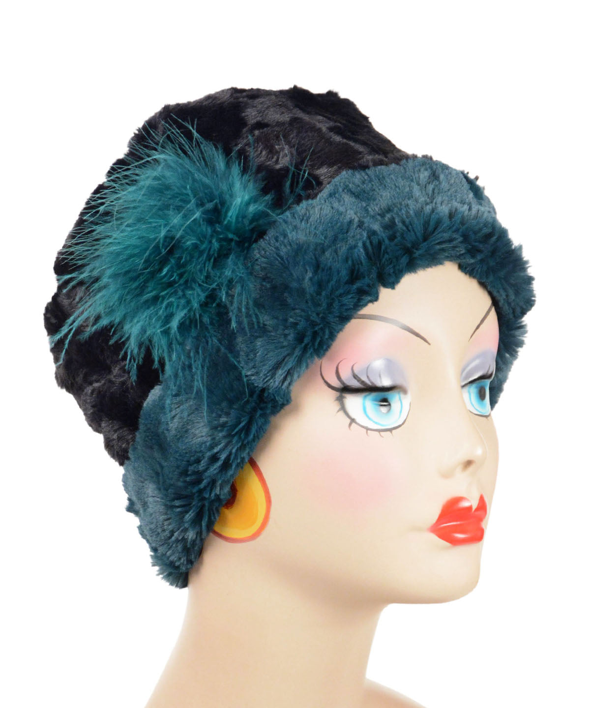 Cuffed Pillbox, Reversible Peacock Pond with Cuddly Black Faux Fur By Pandemonium Millinery. Hat features a Turquoise Ostrich feather brooch. Handmade in Seattle, WA USA.
