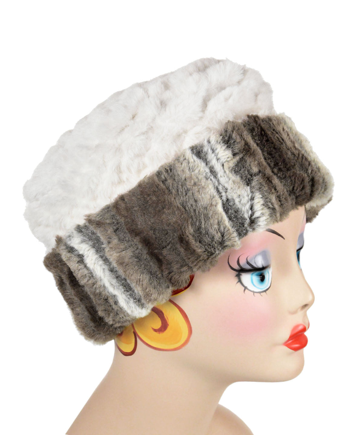 Cuffed Pillbox Hat, Reversible two tone Plush Faux Fur in Willows Grove Lined with Plush Fur in Falkor by Pandemonium Millinery. Shown with lining side out.. Made in Seattle, WA USA.