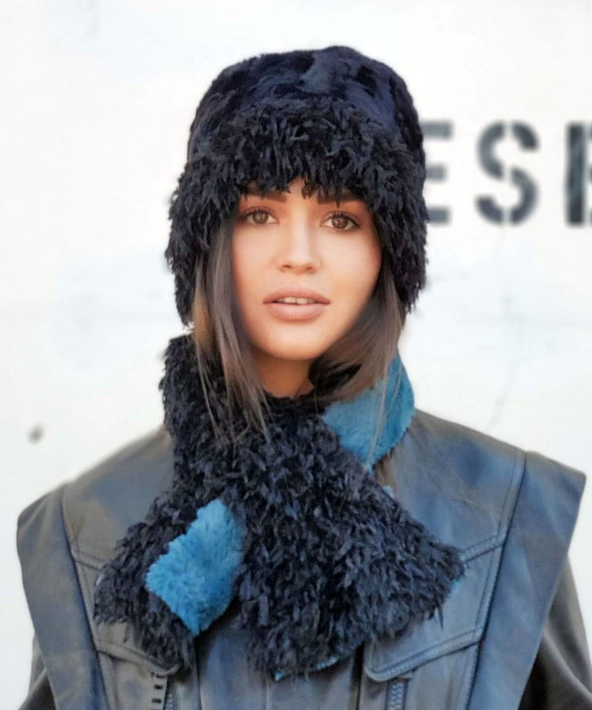 Women's Pull Through Scarf in Black Swan Faux Feather with Cuddly Faux Fur in Black - reversible Handmade in Seattle