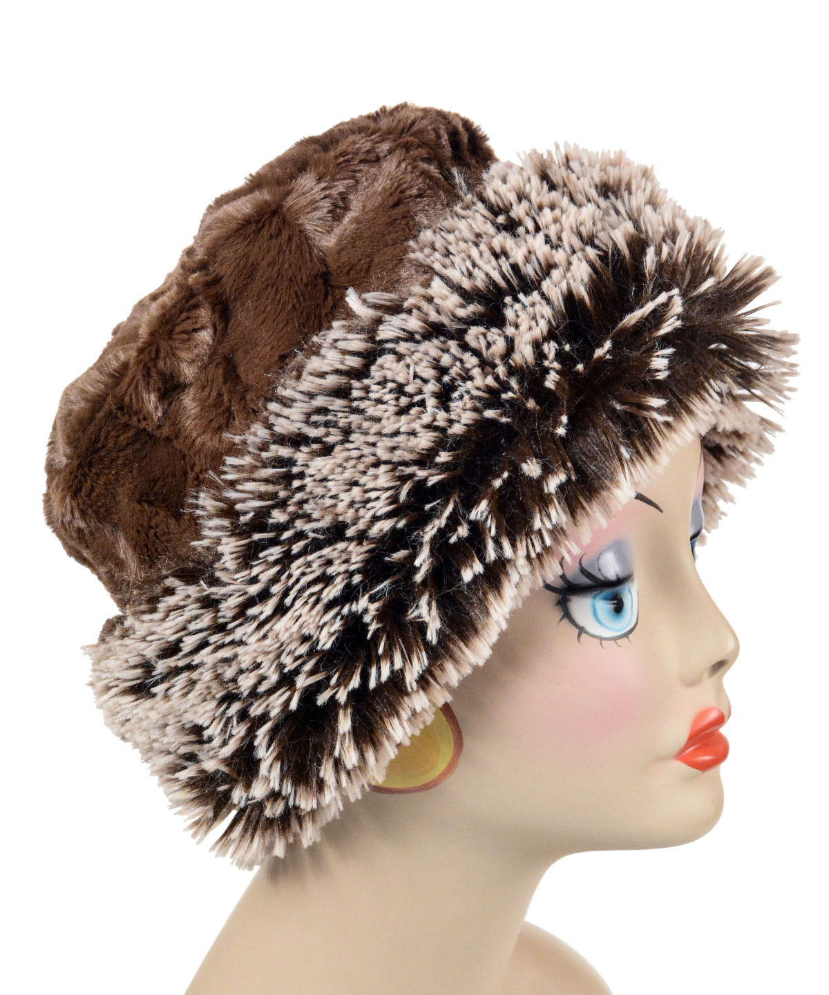  Side View of  the Cuffed Pillbox in Silver Tip Fox in Brown with Cuddly Faux Fur in Chocolate by Pandemonium Millinery. Handmade in Seattle, WA USA.