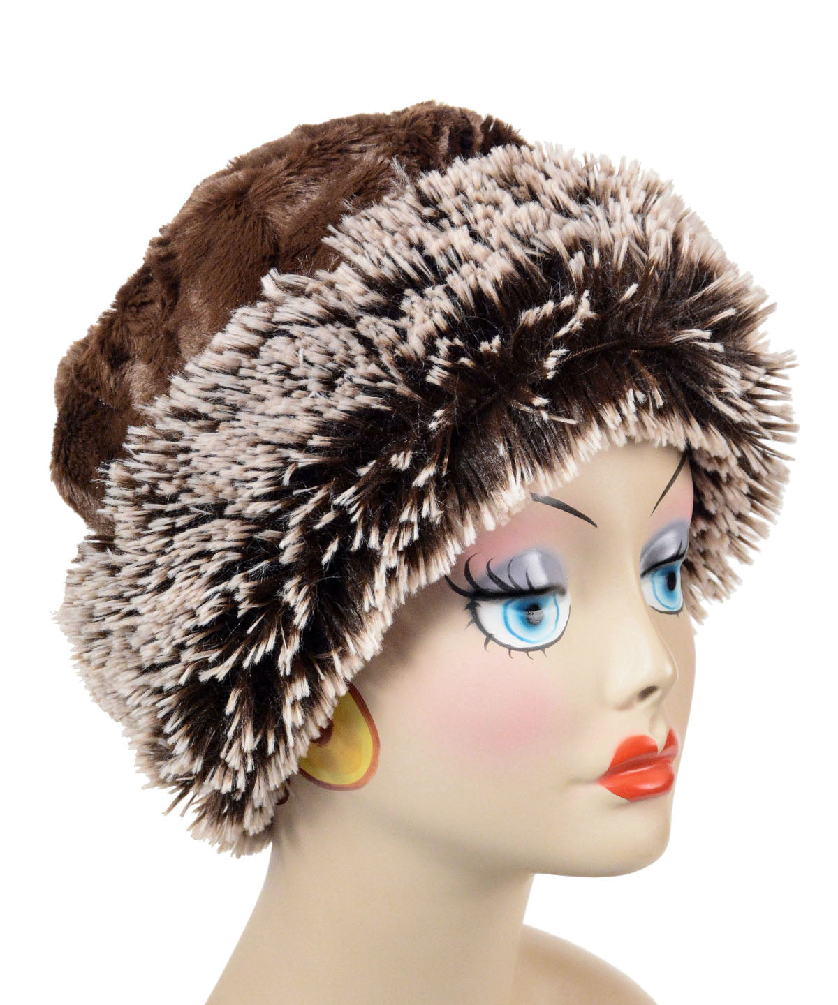  Reversible, Cuffed Pillbox Silver Tip Fox in Brown with Cuddly Faux Fur in Chocolate by Pandemonium Millinery. Handmade in Seattle, WA USA.