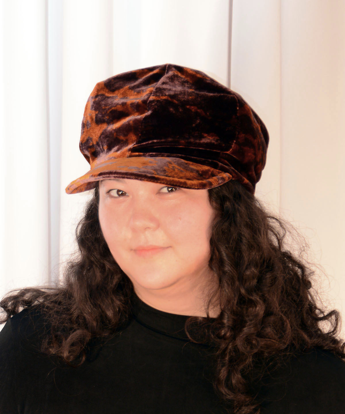 Model wearing Dianne Apple Style Cap in Velvet in Spiced Chai Tie Dye | Handmade by Pandemonium Millinery | Seattle WA USA