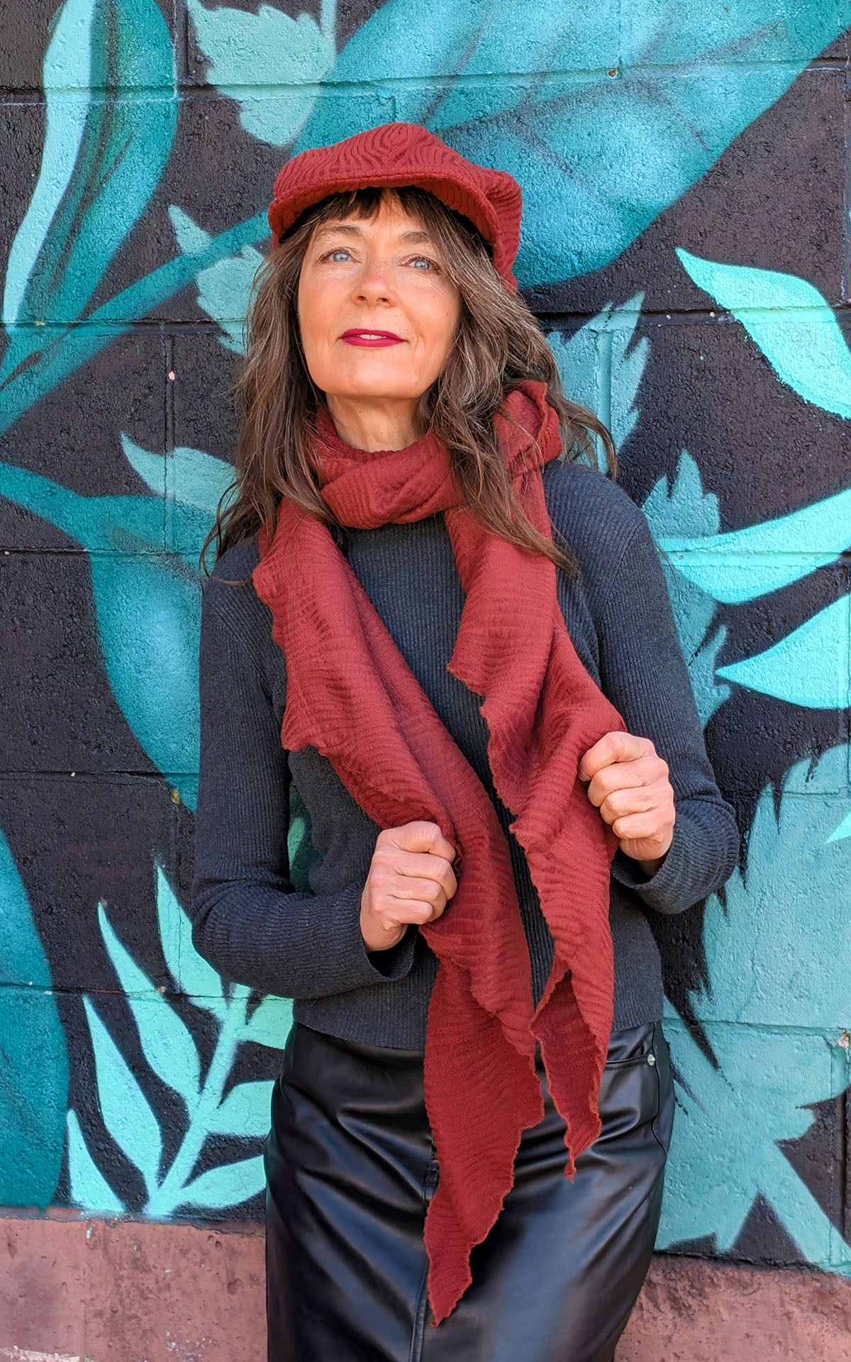 Model wearing Diane Cap | Fractal i n Paprika | featuring matching Scarf | Handmade in Seattle WA | Pandemonium Millinery