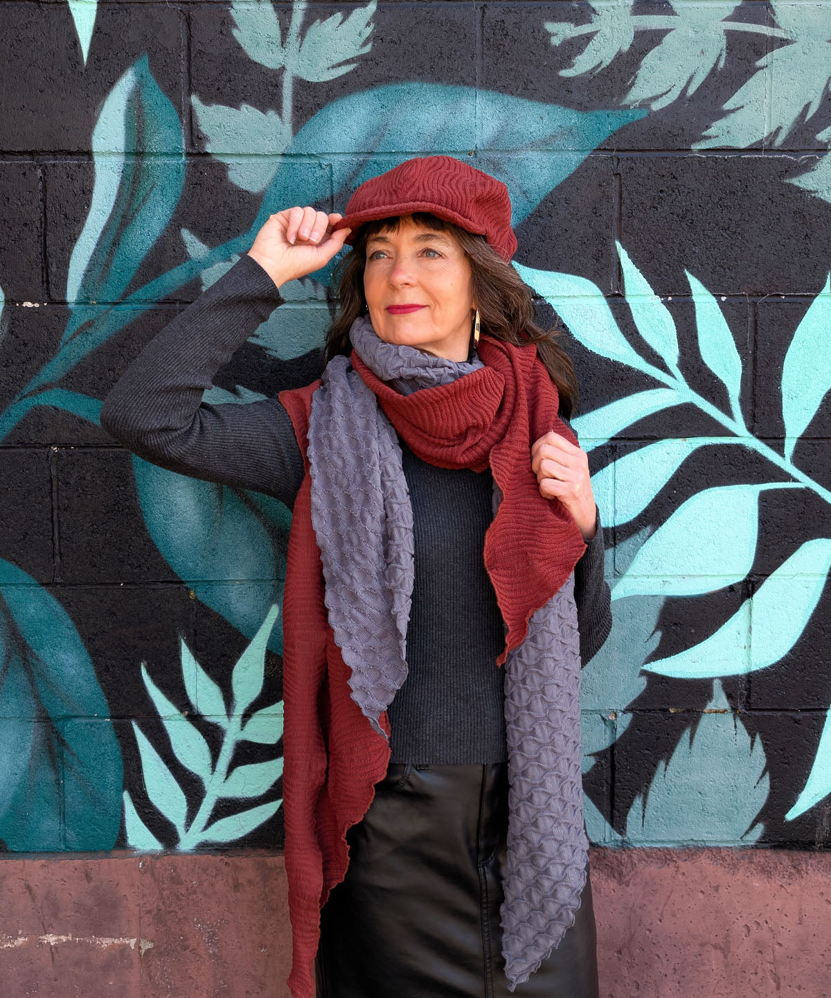 Women wearing Diane Cap | Fractal in Paprika  | Featuring matching Scarf and Contrasting Fractal Gray Scarf | Handmade in Seattle WA | Pandemonium Millinery