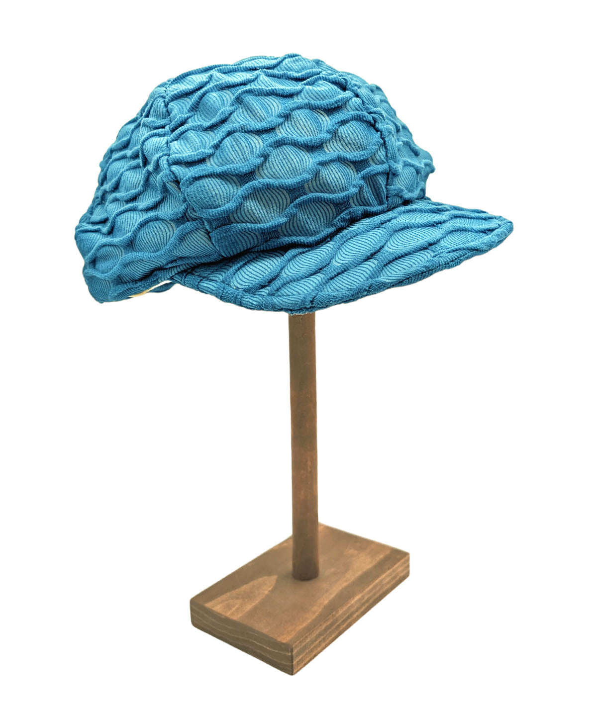 Side View of Dianne Cap shown in Cerulean Blue Fractal Handmade in USA by Pandemonium Millinery