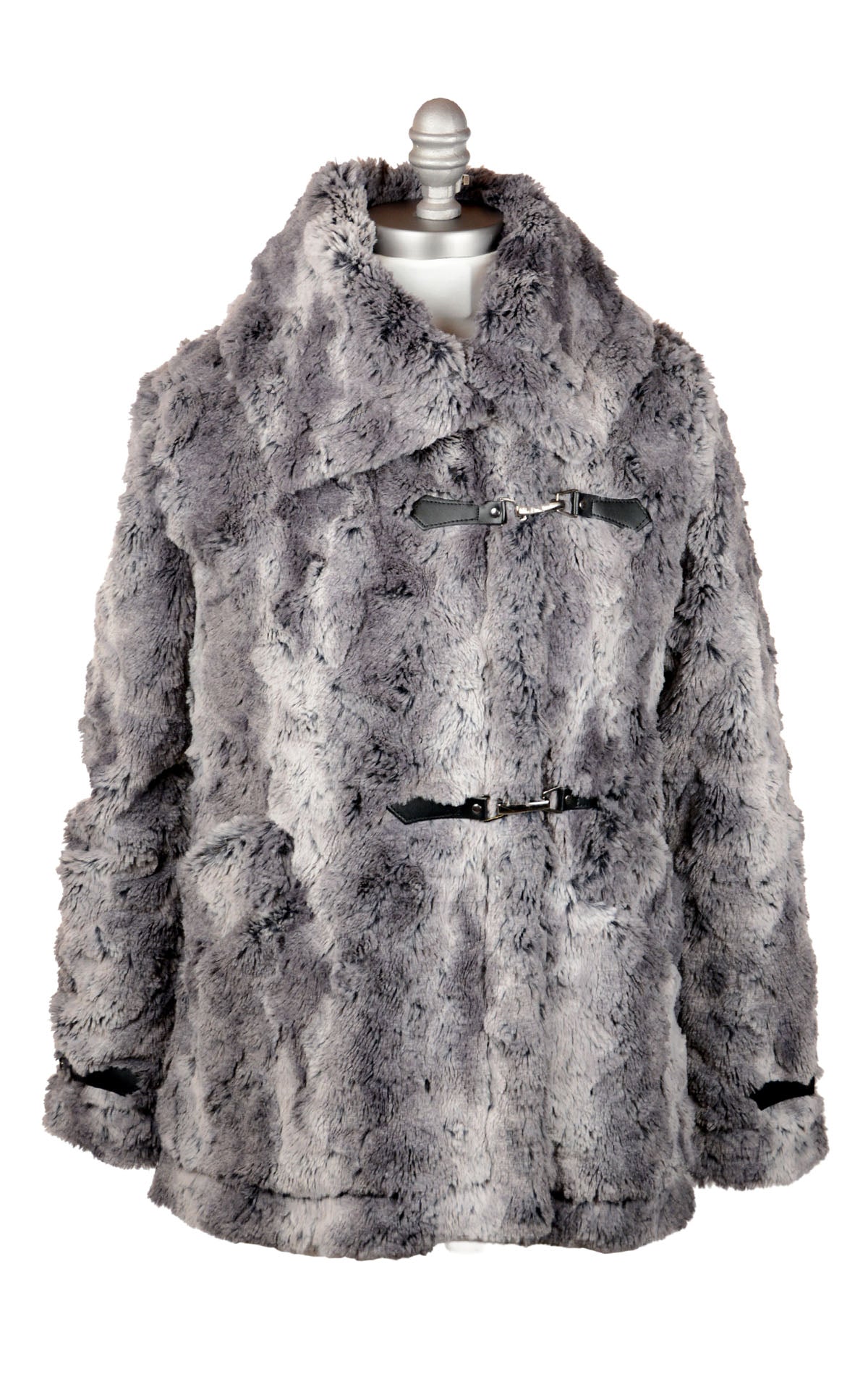 Model by the water wearing the Dietrich Coat | Seattle  Sky Grayish Faux Fur Pea Coat | Featuring Buckle Clasps | Handmade in Seattle, WA | Pandemonium Millinery