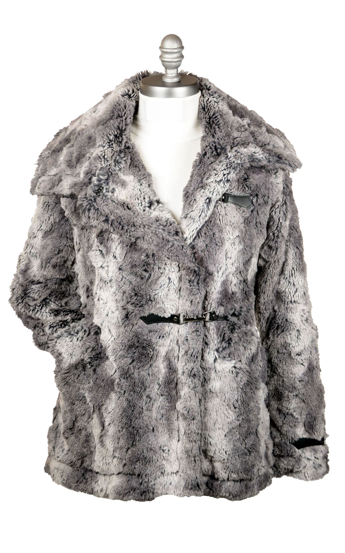 Front View of a partially open Dietrich Coat in Luxury Faux Fur in Seattle Sky by Pandemonium Seattle. Handmade in Seattle, WA USA.