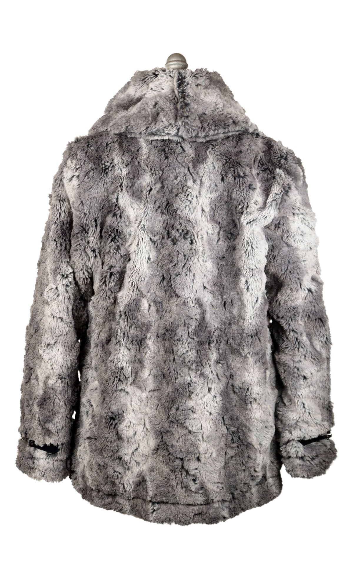 Back view of  Dietrich Coat in Luxury Faux  Fur in Seattle Sky by Pandemonium Seattle. Handmade in  Seattle, WA  USA.
