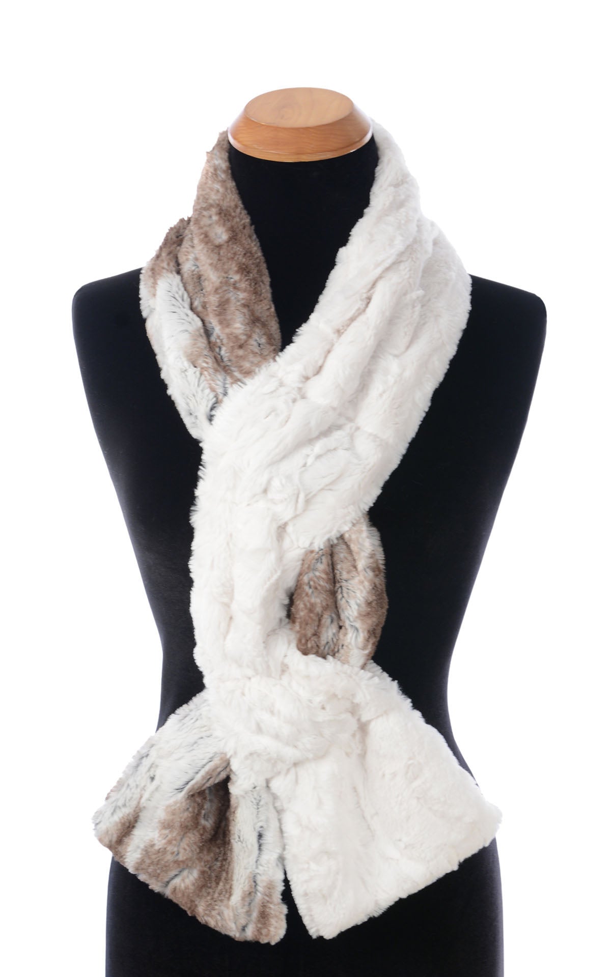 Double Pull Thru Scarf | Shown in the Double Loop Style| Birch Faux Fur with Cuddly Ivory Faux Fur | Handmade in Seattle WA | By Pandemonium Seattle