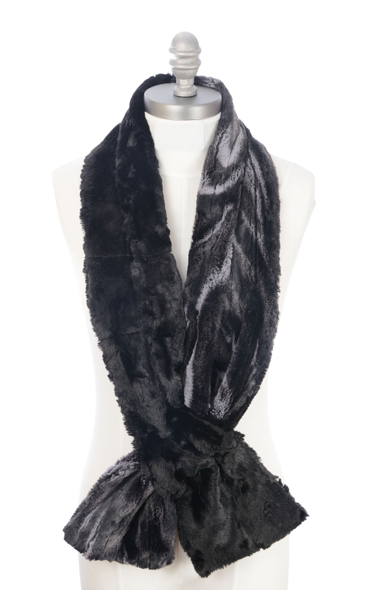 Double Pull Thru Scarf | Shown Looped Through Bottom Only | Marble Black Faux Fur with Cuddly Black Faux Fur | Handmade in Seattle WA | By Pandemonium Seattle