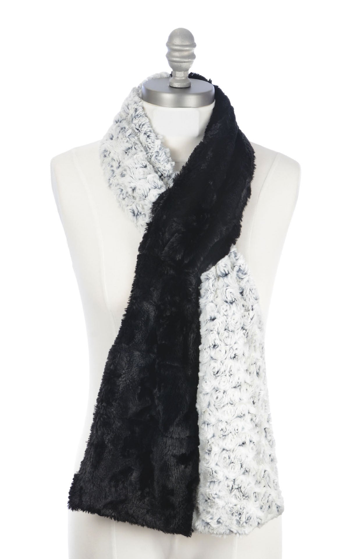 Double Pull Thru Scarf | Shown in the Top Loop Style | Rosebud Black Faux Fur with Cuddly Black Faux Fur | Handmade in Seattle WA | By Pandemonium Seattle