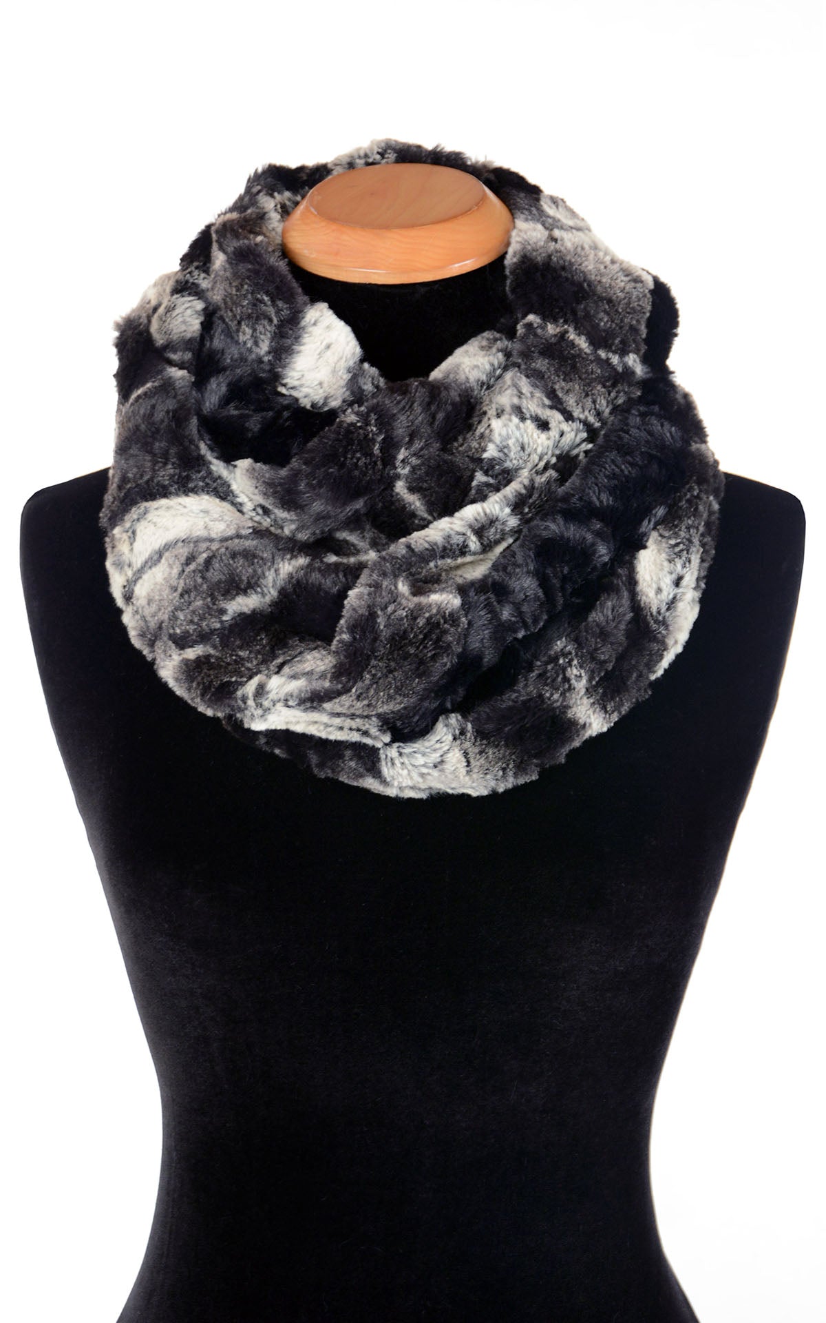 Double Loop view Double Cowl Shrug in Honey Badger with Cuddly Fur Black by Pandemonium Seattle. Handmade in Seattle, WA USA.