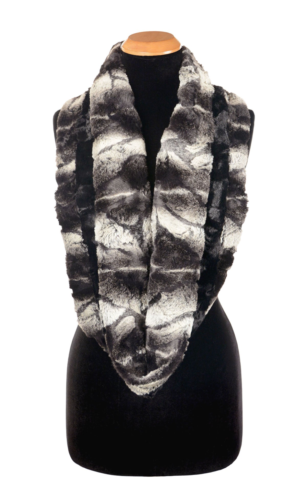 Long view Double Cowl Shrug in Honey Badger with Cuddly Fur Black by Pandemonium Seattle. Handmade in Seattle, WA USA.