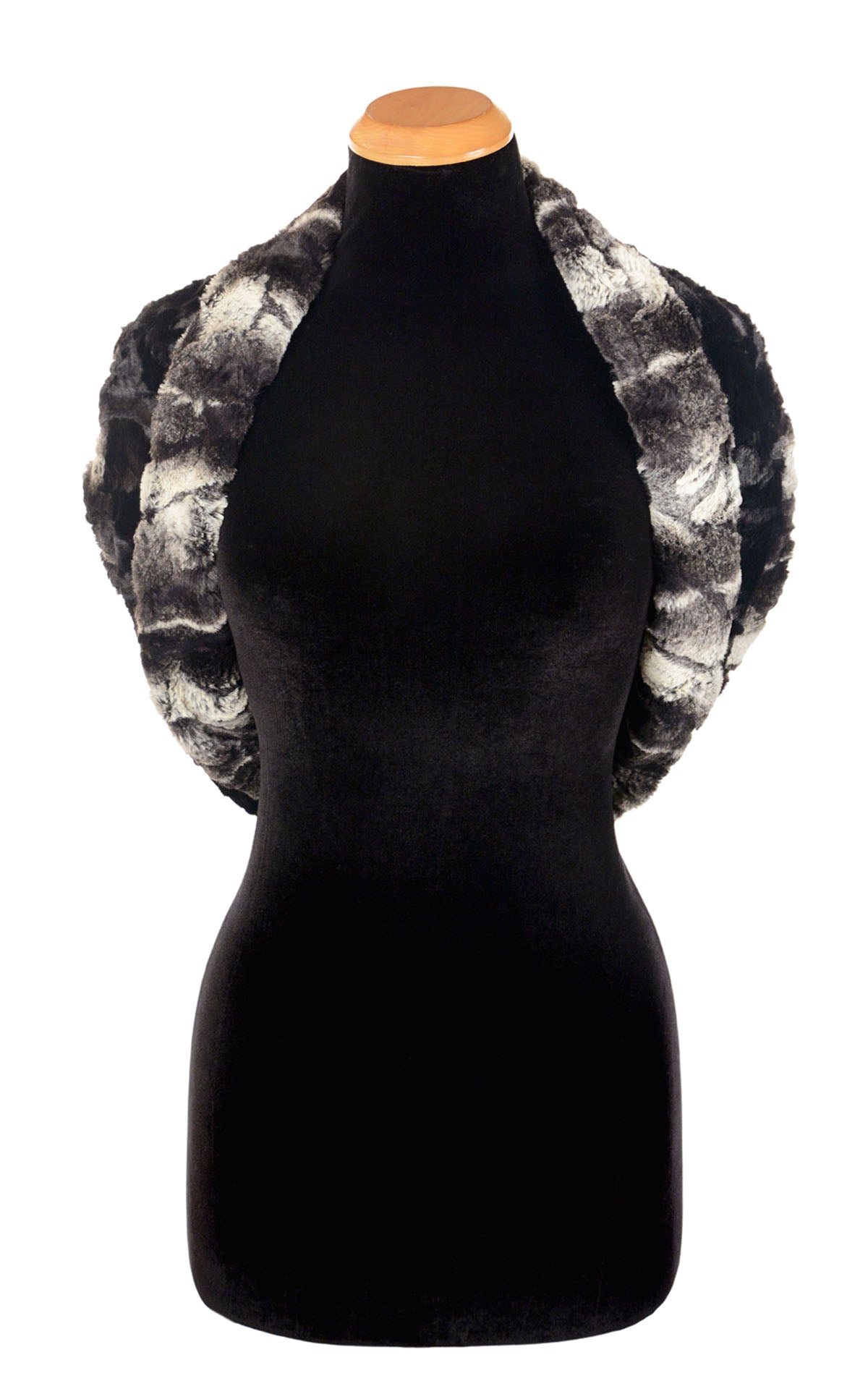 Long view Double Cowl Shrug in Honey Badger with Cuddly Fur Black by Pandemonium Seattle. Handmade in Seattle, WA USA.