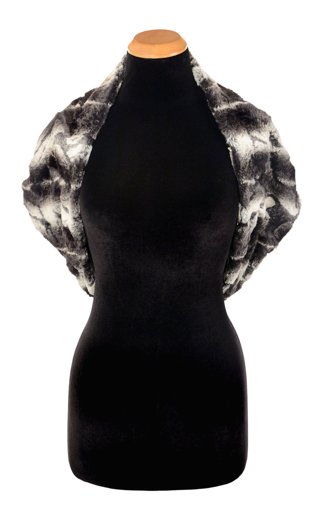 Reversed Shrug Style view of Double Cowl Shrug in Honey Badger with Cuddly Fur Black by Pandemonium Seattle. Handmade in Seattle, WA USA.