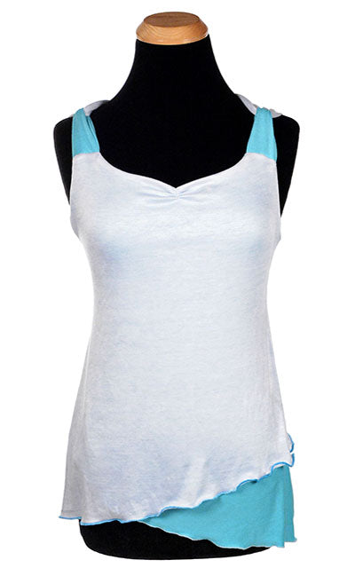 Product shot of the Tulip Top a reversible sweet-heart style top | Oceans of emptiness with milky way light Jersey Knit, aqua blue and white | Handmade in Seattle WA | Pandemonium Millinery