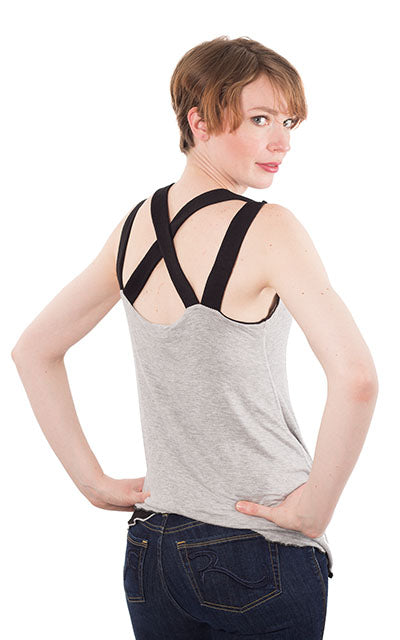 Back View of Model wearing the Tulip Top a reversible sweet-heart style top | Abyss W/ Silvery Moon light Jersey Knit, Black and Light Gray | Handmade in Seattle WA | Pandemonium Millinery