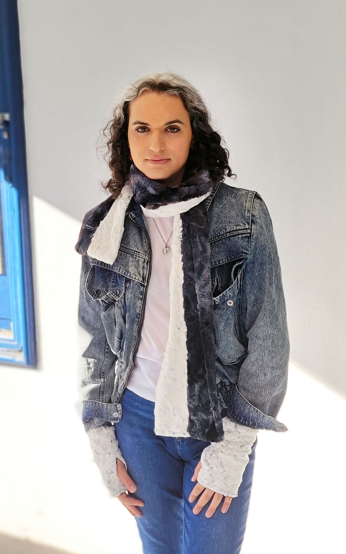 Closer view of model wearing Dual Tone Scarf in Highland Skye and Winters Frost