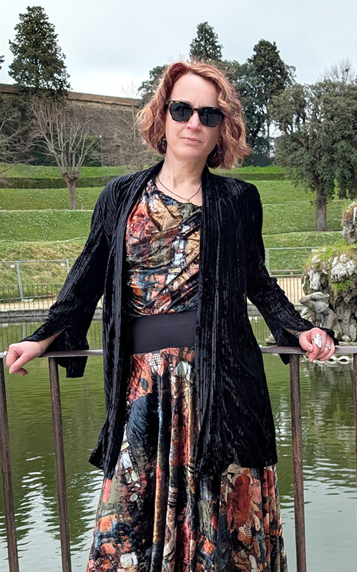 Close up of woman wearing Slice of Life cardigan in night owl Pleated Velvet handmade in USA by Pandemonium Seattle
