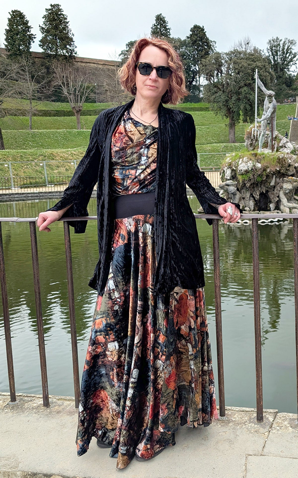 Woman wearing Slice of Life cardigan in night owl Pleated Velvet handmade in USA by Pandemonium Seattle