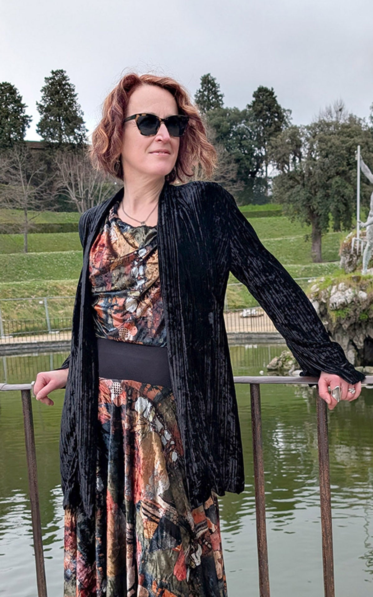 Woman wearing Slice of Life cardigan in black Pleated Velvet handmade in USA by Pandemonium Seattle