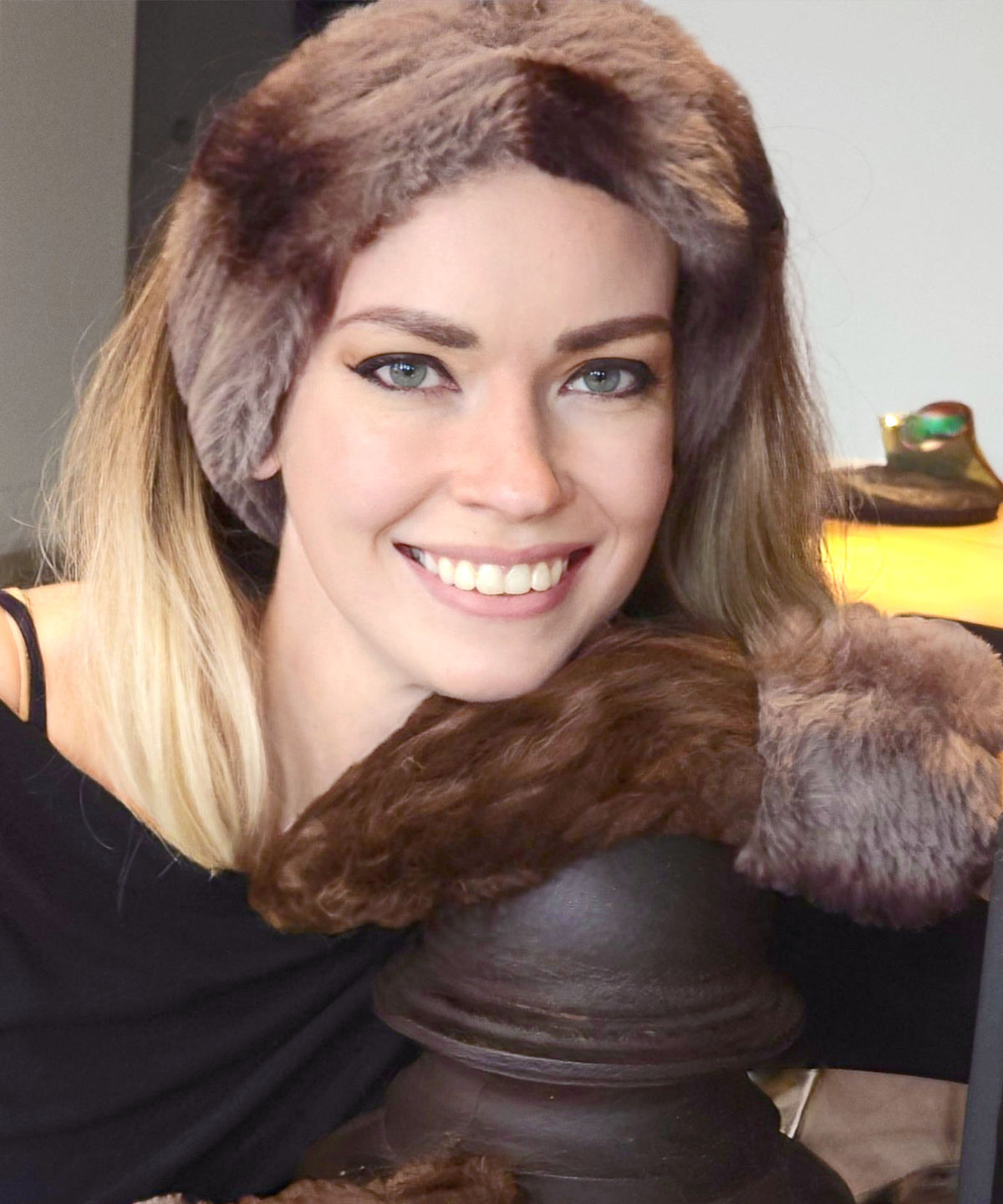 Ear Neck Cozy Narrow and Mittens on model |Taupeful  Royal Opulence Faux Fur | Handmade USA Pandemonium Seattle